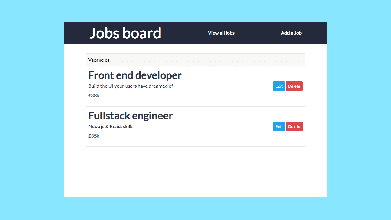 App UI showing a list of jobs with a blue background